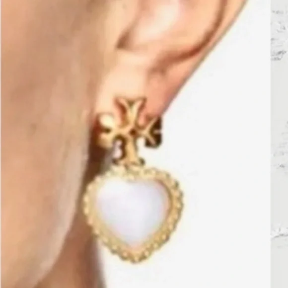 Tory Burch Gold Heart Drop Earrings with White Inlay - Picture 6 of 7